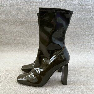 Aldo Fidella Green Patent Faux Leather Square Toe Chunky Heels Boots 8.5